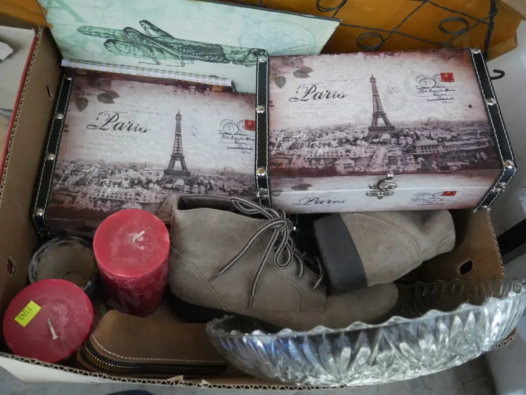2 boxes of craft sundries, glass bowl etc Image 1++
