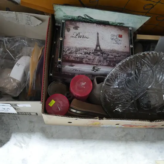2 boxes of craft sundries, glass bowl etc
