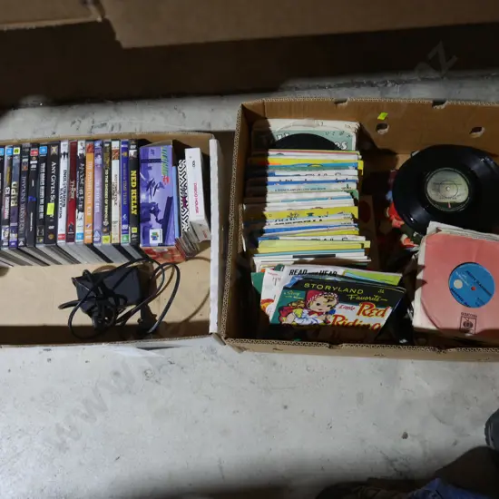2 boxes of DVDs and 45s