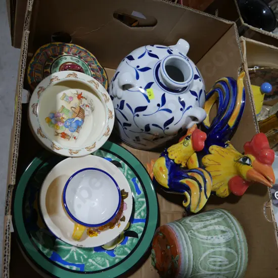 Pottery rooster wall hangings etc