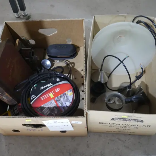 2 boxes light fittings, cable lock etc