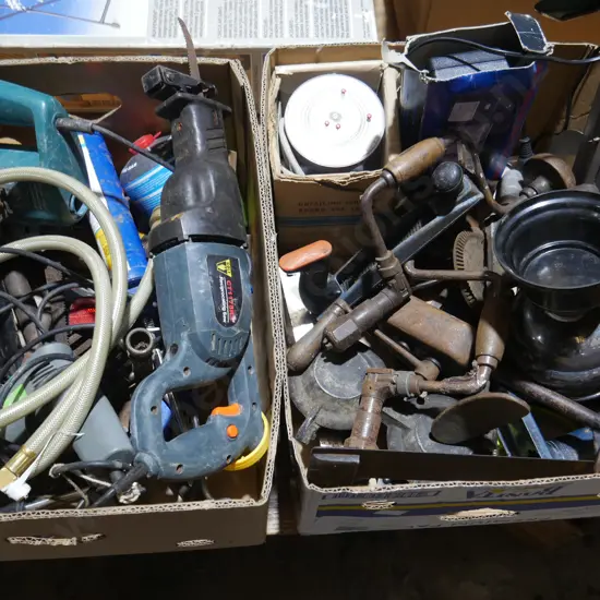 2 boxes of electric tools, hand drills etc