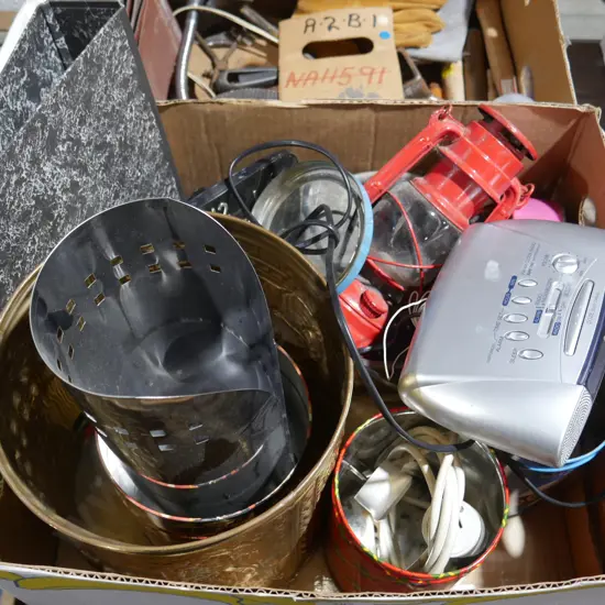 Brass bin, lantern, clock radio etc