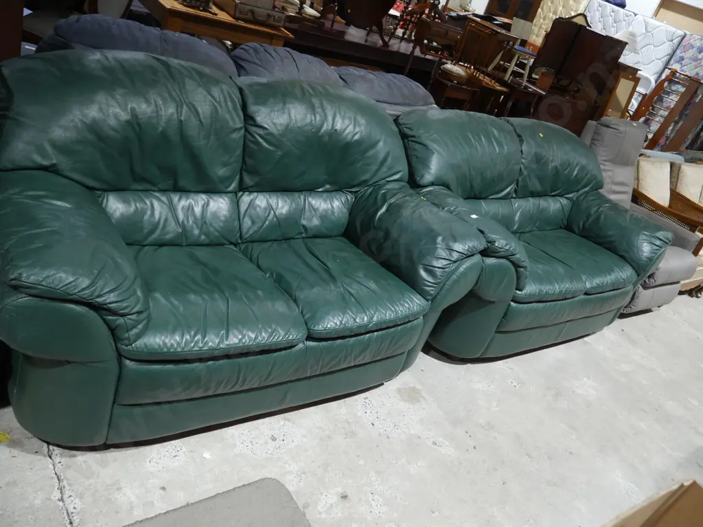 2 x 2 seater green leather sofas Image 1++