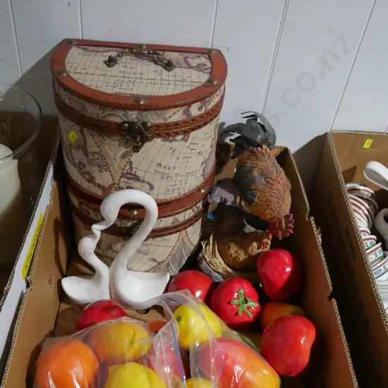 Plastic fruits, rooster and hen ornament etc