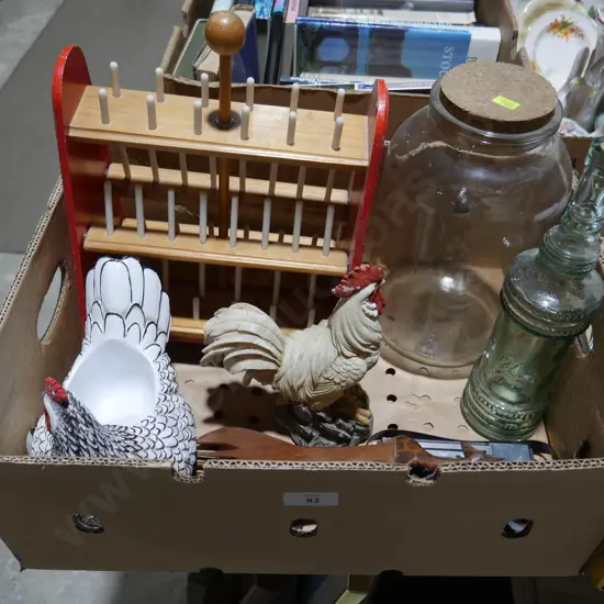 Chicken ornaments, spool rack etc