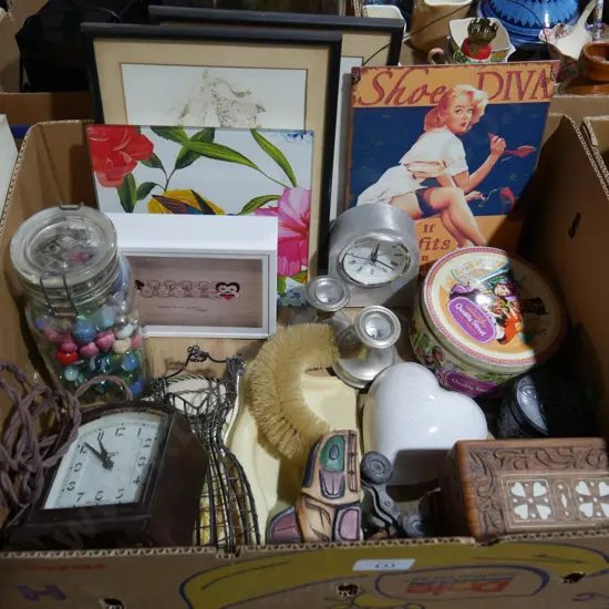 Vintage clock, assorted art etc