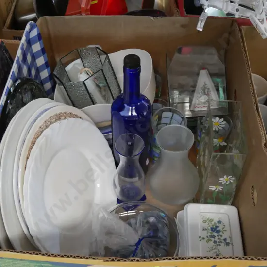 Two boxes of cups, glassware etc
