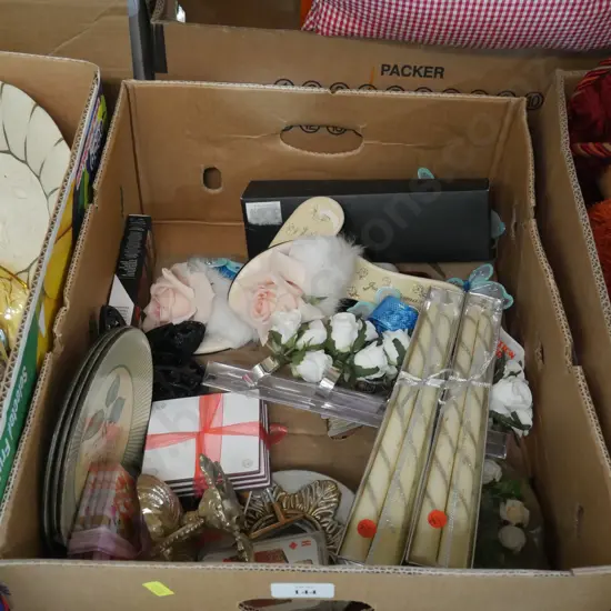 Two boxes of plates, artificial flowers etc