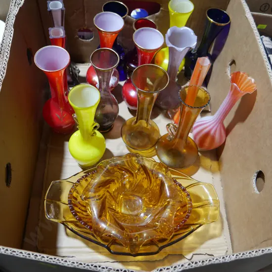 Assorted coloured glass vases etc