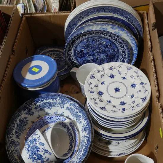 Two boxes of blue and white china