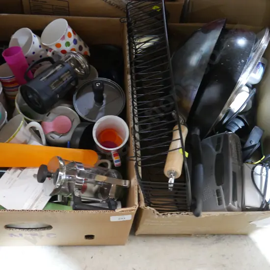 2 boxes kitchenware, radio etc