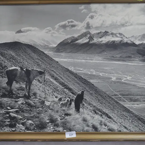 Framed black and white photograph, Canterbury high country