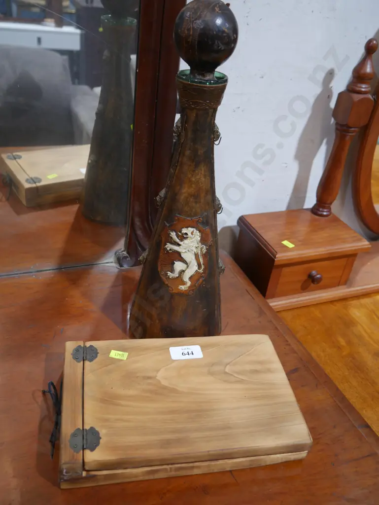 Leather wrapped decanter, wooden note pad Image 1++