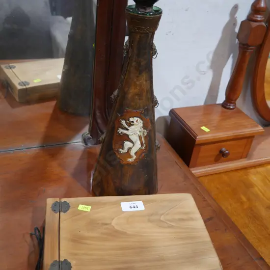 Leather wrapped decanter, wooden note pad