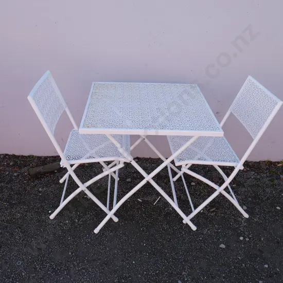 White metal folding table and 2 chairs