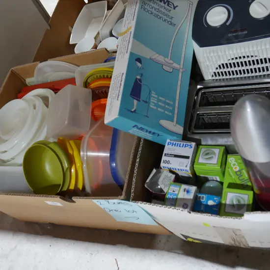 2boxes of Tupperware, light bulbs, toaster etc
