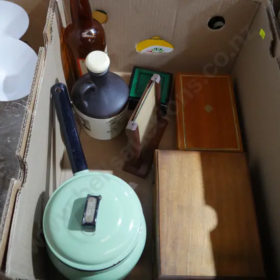 Enamel pots, port bottles, wooden boxes