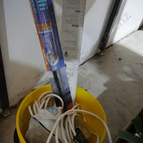 Bucket, steam iron, wiper blades
