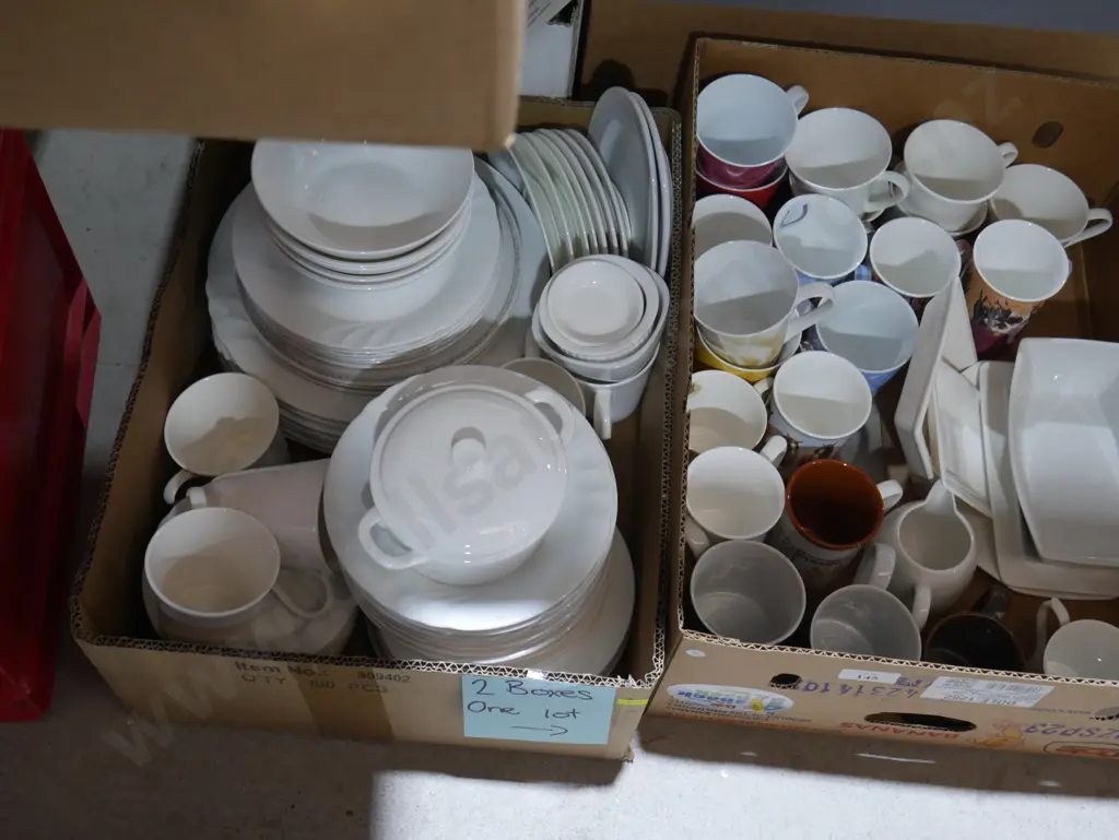 2 boxes of white dinnerware, coffee mugs Image 1++