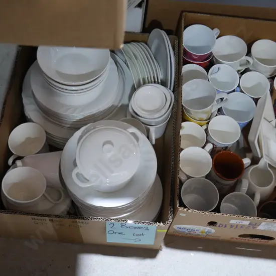 2 boxes of white dinnerware, coffee mugs