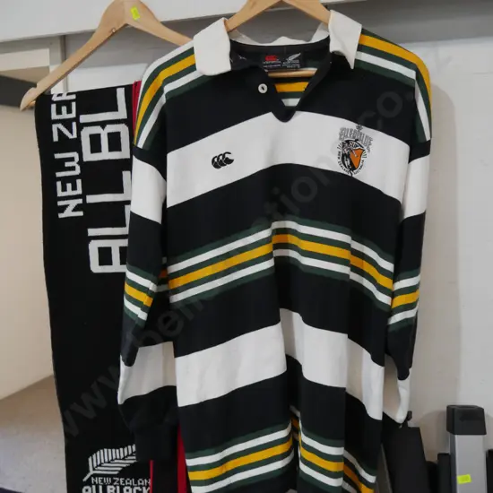 Canterbury jersey, All Blacks scarf etc