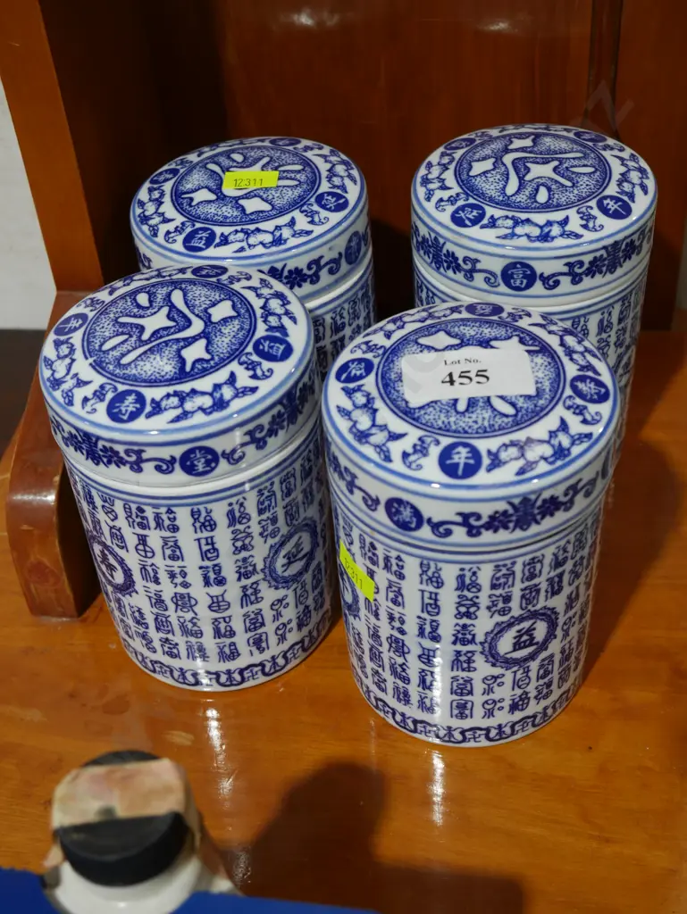 Set of 4 blue and white lidded jars Image 1++