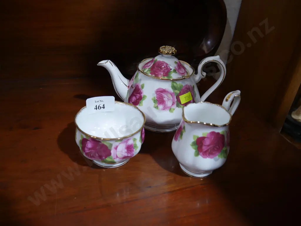 Royal Albert Old English Rose teapot, creamer and sugar bowl Image 1++