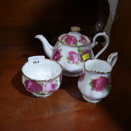 Royal Albert Old English Rose teapot, creamer and sugar bowl