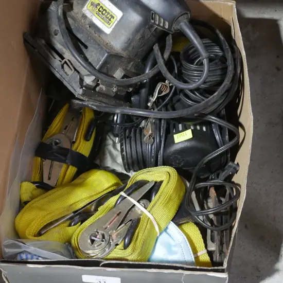 Sander, ratchet straps, mini air compressor
