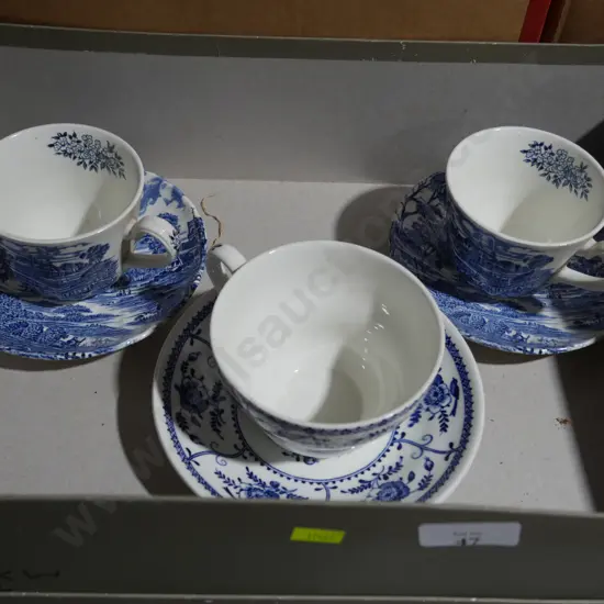3 blue and white cup and saucers