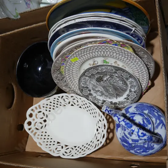 China plates, blue and white teapot