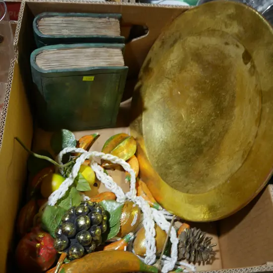 Ornamental fruit bowl and fruits, book ends