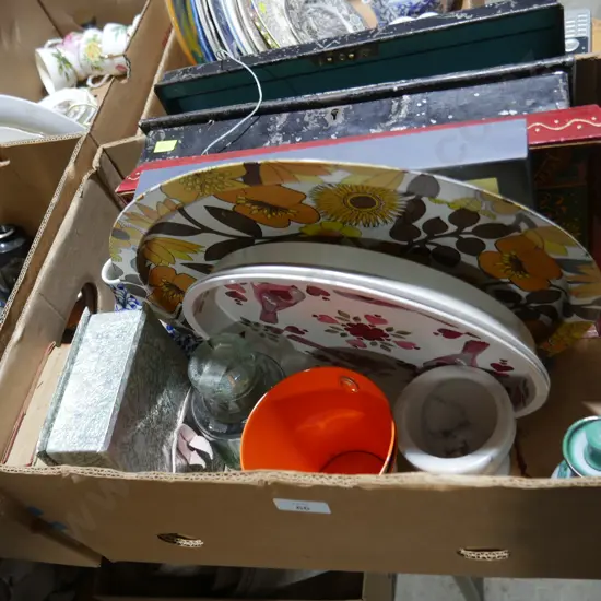 Tin platters, tin cash box etc