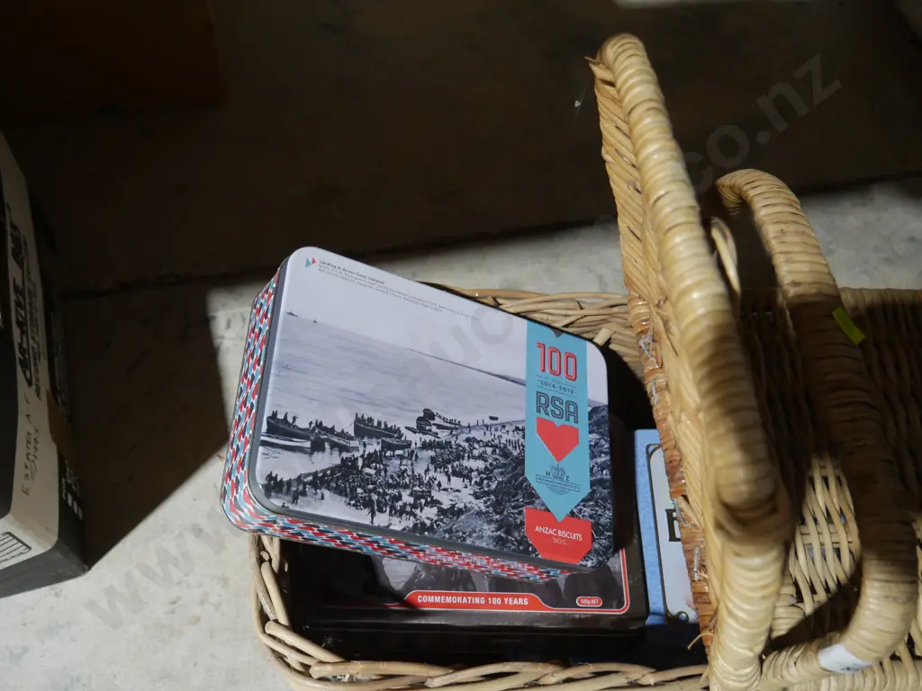 Cane picnic basket and tins Image 1++