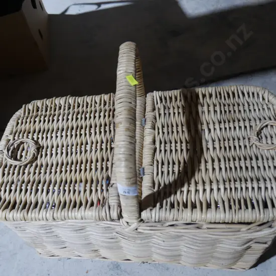 Cane picnic basket and tins