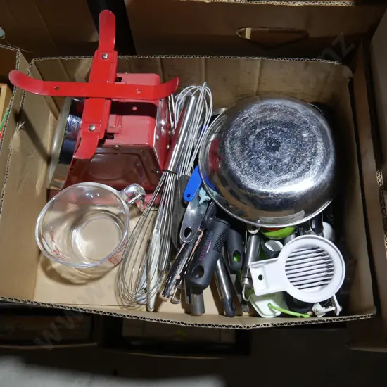 Two boxes of kitchen utensils etc