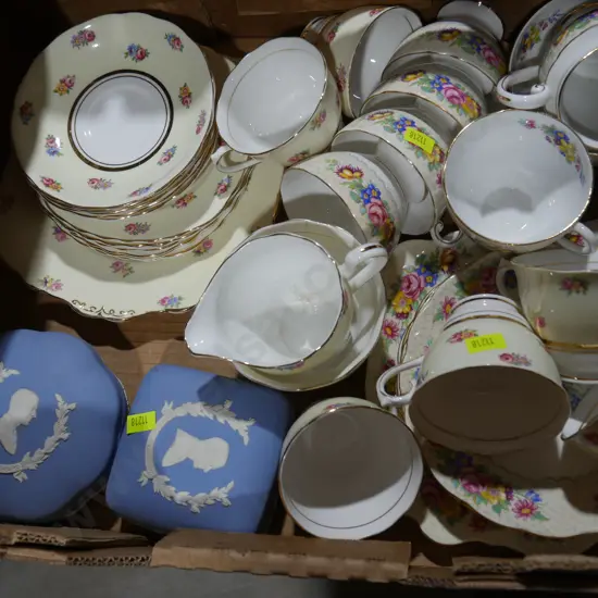 2 tea sets and Wedgwood trinket boxes