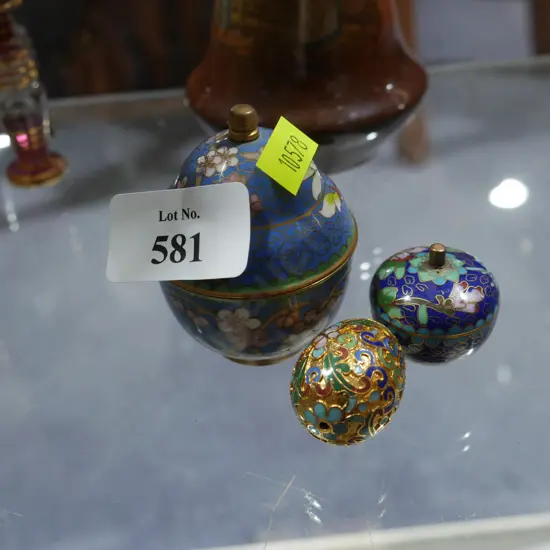 Cloisonne lidded pots and egg