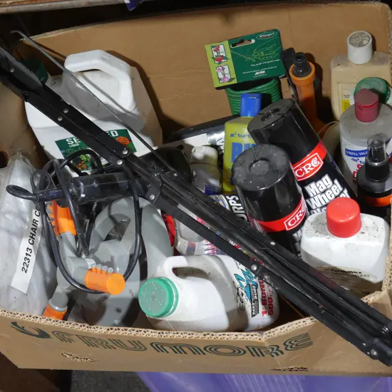 Box of car cleaning and garden sundries