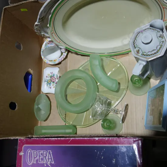 Green glassware, platters etc