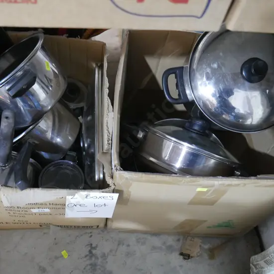 2 boxes of cooking pots etc