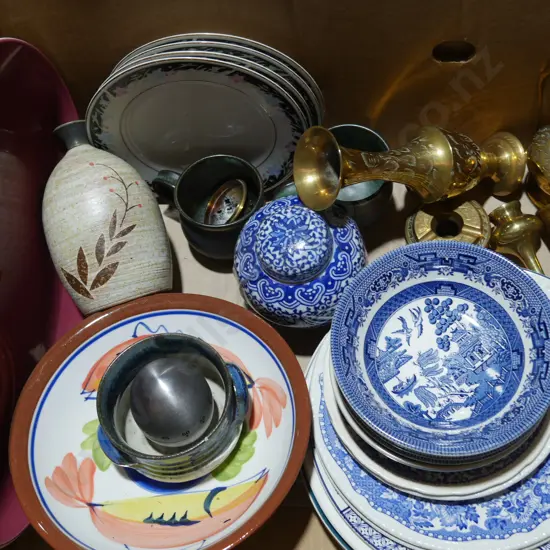 Blue and white china, brassware etc