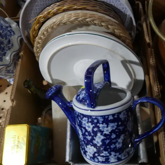 Blue and white watering can, serving trays etc