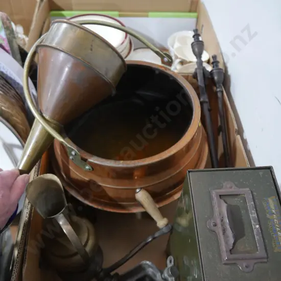 Copper bin, brass jug etc