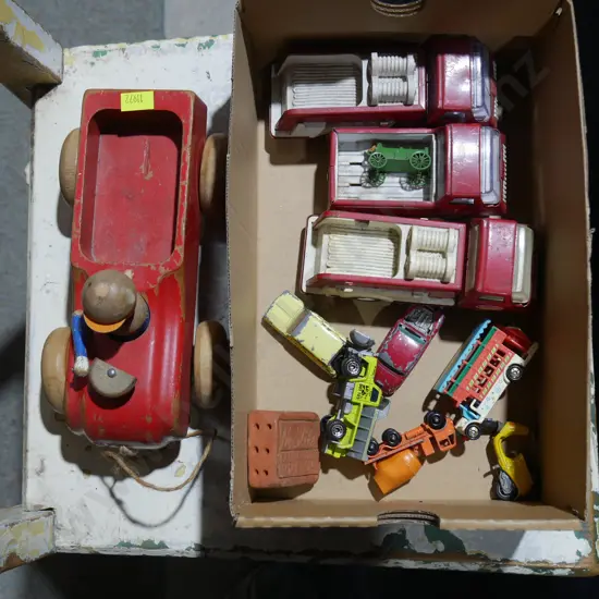 Tonka fire trucks, wooden pulling along car etc