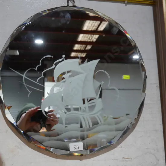 Mirror with sail ship etch