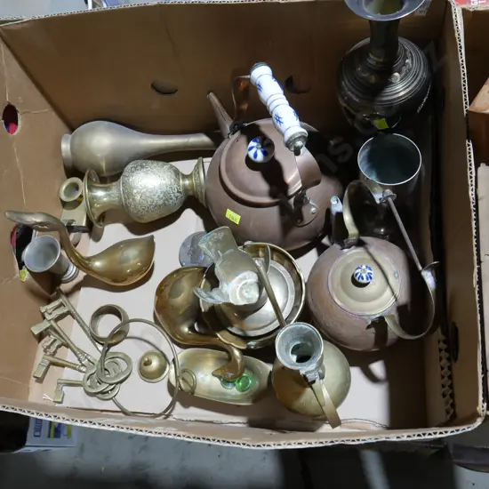 Copper kettles, brassware