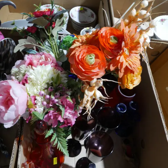Artificial flowers, coloured glassware