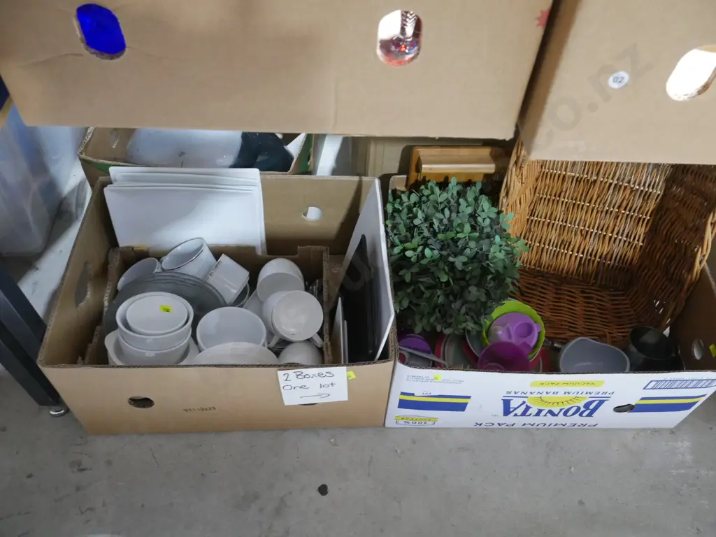 2 boxes white dinnerware, cane basket etc Image 1++